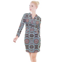 Seamless Pattern Colorful Wallpaper Button Long Sleeve Dress by Pakrebo