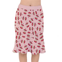 Red Apple Core Funny Retro Pattern Half Eaten On Pastel Orange Background Mermaid Skirt by genx
