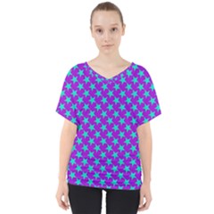 Turquoise Stars Pattern On Purple V-neck Dolman Drape Top by BrightVibesDesign