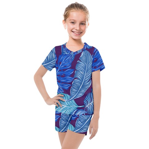 Tropical Blue Leaves Kids  Mesh Tee And Shorts Set by snowwhitegirl