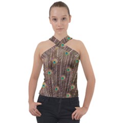 Peacock Feather Bird Exhibition Cross Neck Velour Top by Pakrebo