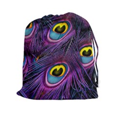 Peacock Feathers Purple Drawstring Pouch (xxl) by snowwhitegirl