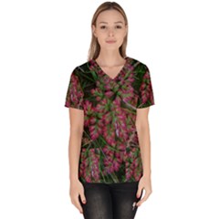 Pink-fringed Leaves Women s V-neck Scrub Top by okhismakingart