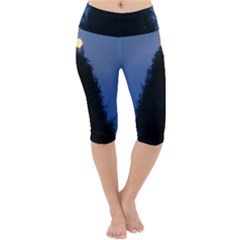 Tree And Moon Lightweight Velour Cropped Yoga Leggings by okhismakingart