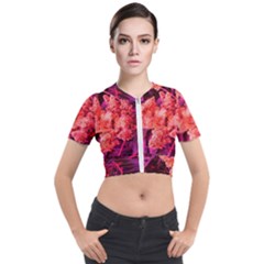 Pink Sideways Sumac Short Sleeve Cropped Jacket by okhismakingart