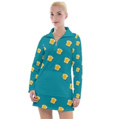 Toast With Cheese Pattern Turquoise Green Background Retro Funny Food Women s Hoodie Dress by genx