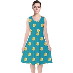 Toast With Cheese Pattern Turquoise Green Background Retro Funny Food V-neck Midi Sleeveless Dress  by genx