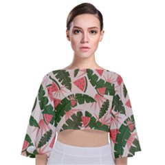 Tropical Watermelon Leaves Pink And Green Jungle Leaves Retro Hawaiian Style Tie Back Butterfly Sleeve Chiffon Top by genx