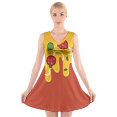 Pizza Topping Funny Modern Yellow Melting Cheese And Pepperonis V-neck Sleeveless Dress by genx