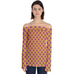 Pink Stars Pattern On Yellow Off Shoulder Long Sleeve Top by BrightVibesDesign