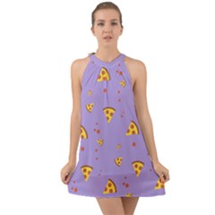 Pizza Pattern Violet Pepperoni Cheese Funny Slices Halter Tie Back Chiffon Dress by genx