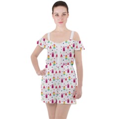 Popsicle Juice Watercolor With Fruit Berries And Cherries Summer Pattern Ruffle Cut Out Chiffon Playsuit by genx