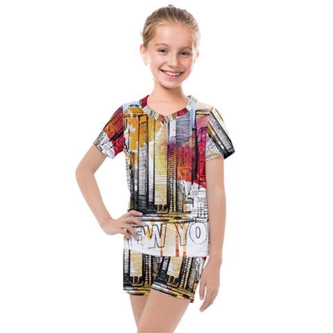 New York City Skyline Vector Illustration Kids  Mesh Tee And Shorts Set by Sudhe