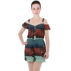 Awesome Mechanical Whale In The Deep Ocean Ruffle Cut Out Chiffon Playsuit by FantasyWorld7