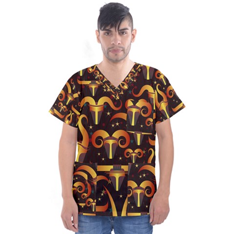 Stylised Horns Black Pattern Men s V-neck Scrub Top by HermanTelo