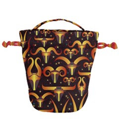 Stylised Horns Black Pattern Drawstring Bucket Bag by HermanTelo