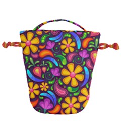 Floral Paisley Background Flower Purple Drawstring Bucket Bag by HermanTelo