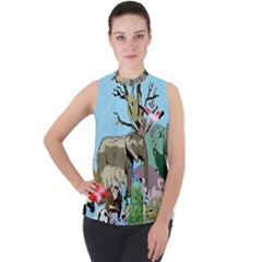 Zoo Animals Peacock Lion Hippo Mock Neck Chiffon Sleeveless Top by Pakrebo