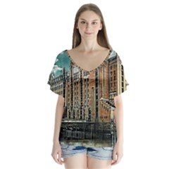 Architecture City Building Travel V-neck Flutter Sleeve Top by Pakrebo