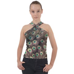 Bird Peacock Tail Feathers Cross Neck Velour Top by Pakrebo