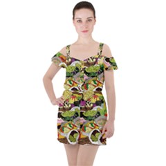 Eat Food Background Art Color Ruffle Cut Out Chiffon Playsuit by Pakrebo