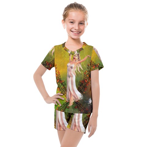 Beautiful Fairy With Wonderful Flowers Kids  Mesh Tee And Shorts Set by FantasyWorld7