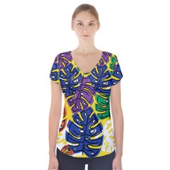 Pattern Leaves Grey Short Sleeve Front Detail Top by HermanTelo