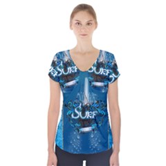 Sport, Surfboard With Water Drops Short Sleeve Front Detail Top by FantasyWorld7