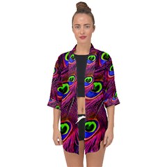 Peacock Feathers Color Plumage Open Front Chiffon Kimono by HermanTelo