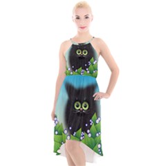 Kitten Black Furry Illustration High-low Halter Chiffon Dress  by Sapixe