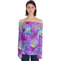 Tropical Greens Pink Leaves Off Shoulder Long Sleeve Top by HermanTelo