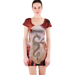 Wonderful Chinese Dragon With Flowers On The Background Short Sleeve Bodycon Dress by FantasyWorld7