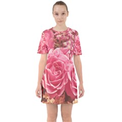 Roses Noble Roses Romantic Pink Sixties Short Sleeve Mini Dress by Pakrebo