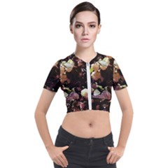 Pink Snowballs Ii Short Sleeve Cropped Jacket by okhismakingart