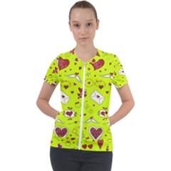 Valentin s Day Love Hearts Pattern Red Pink Green Short Sleeve Zip Up Jacket by EDDArt