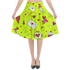 Valentin s Day Love Hearts Pattern Red Pink Green Flared Midi Skirt by EDDArt