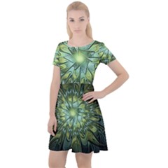 Fractal Green Gold Glowing Cap Sleeve Velour Dress  by Pakrebo