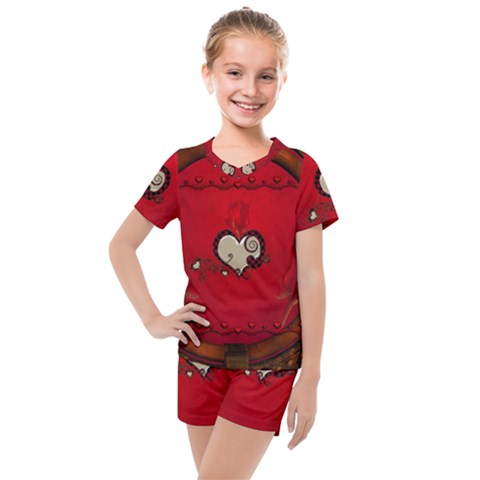 Beautiful Elegant Hearts With Roses Kids  Mesh Tee And Shorts Set by FantasyWorld7