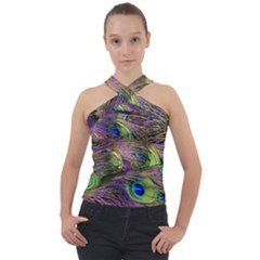 Green Purple And Blue Peacock Feather Digital Wallpaper Cross Neck Velour Top by Pakrebo