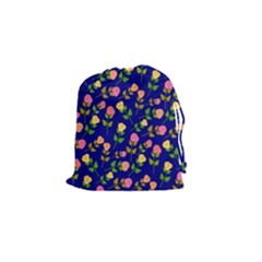 Flowers Roses Blue Drawstring Pouch (small) by Bajindul