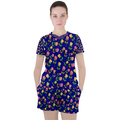 Flowers Roses Blue Women s Tee And Shorts Set by Bajindul