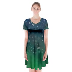 Background Blue Green Stars Night Short Sleeve V-neck Flare Dress by HermanTelo