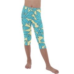 Leaves Dried Leaves Stamping Blue Yellow Kids  Lightweight Velour Capri Leggings  by Simbadda