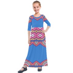 Shapes On A Blue Background                     Kids  Quarter Sleeve Maxi Dress by LalyLauraFLM
