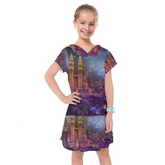 City Lights Skyline Buildings Kids  Drop Waist Dress by Wegoenart
