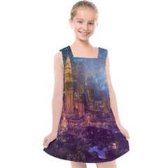 City Lights Skyline Buildings Kids  Cross Back Dress by Wegoenart