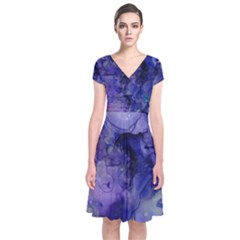 Blue Purple Ink                        Short Sleeve Front Wrap Dress by LalyLauraFLM