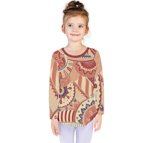 Pop Art Paisley Flowers Ornaments Multicolored 4 Background Solid Dark Red Kids  Long Sleeve Tee by EDDArt