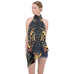 Tiger Predator Abstract Feline Halter Asymmetric Satin Top by Pakrebo