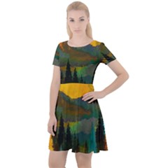 Trees Mountains Sun Sunrise Warm Cap Sleeve Velour Dress  by Pakrebo